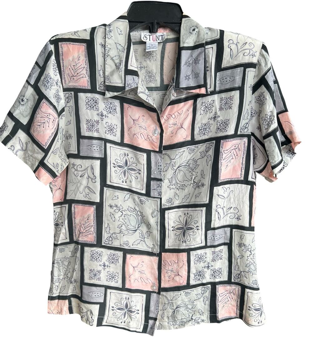 STUNT Vintage pure silk windowpane pastel print shoulder pads blouse sz M
